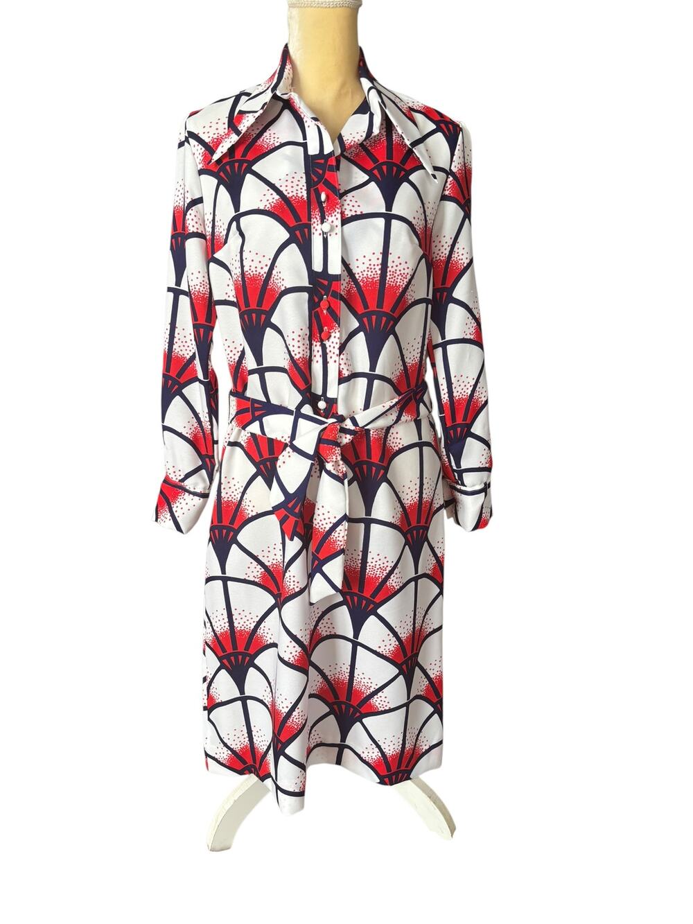 Lanvin Paris Vintage 1970s 70s Shirt Dress Geometric Wide Collar Size 12 Retro
